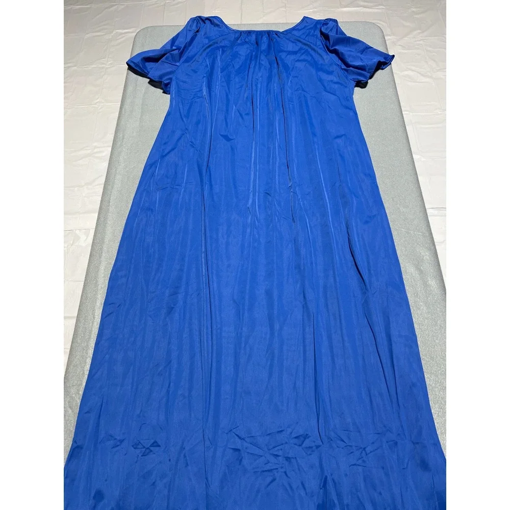 Shadowline Vintage Royal Blue Floral Embroidered Maxi Nightgown Short Sleeve 2X